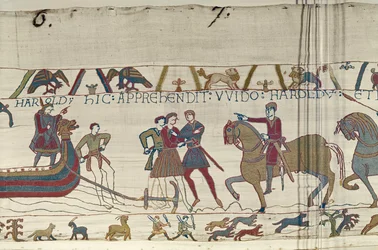 El Conde Guy de Ponthieu captura a Harold cuando desembarca en Normandía, Tapiz de Bayeux